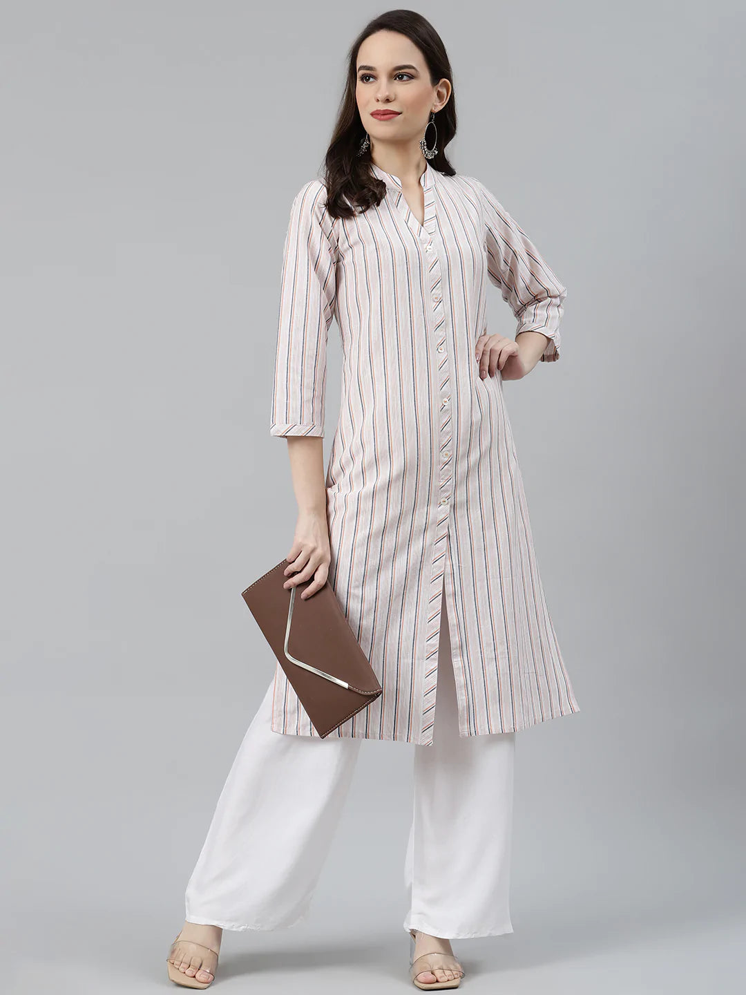 Jompers Women White & Orange Striped Indigo Fusion Kurta ( JOK 1371 White )