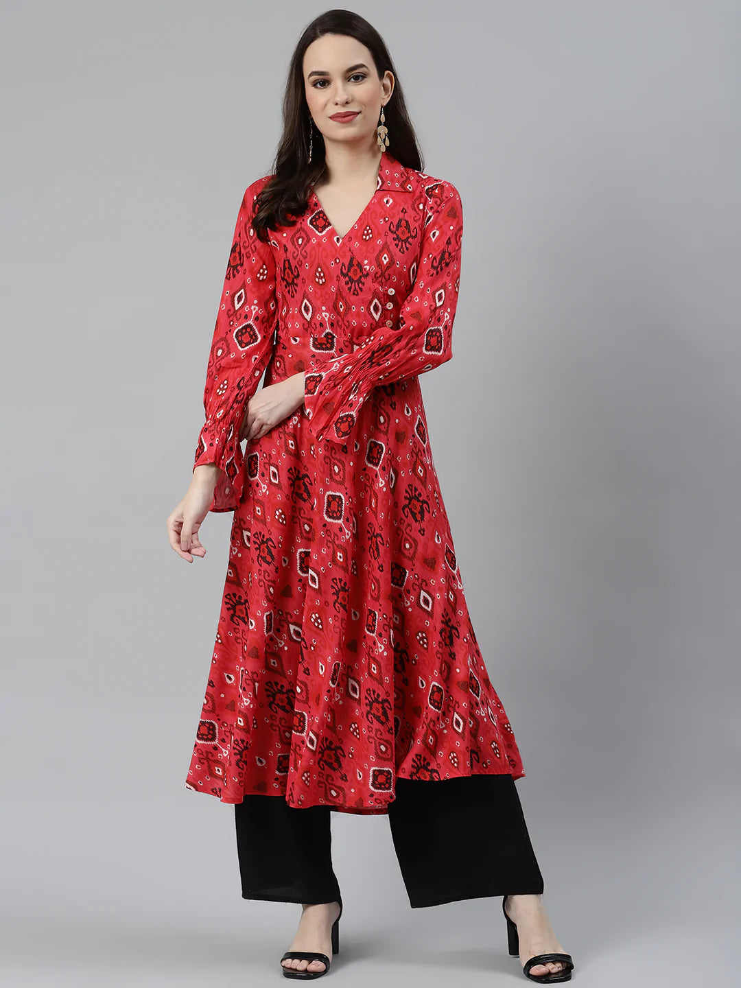 Jompers Women Coral Red & Black Ethnic Motifs Printed Angrakha Anarkali Kurta ( JOK 1374 Pink )