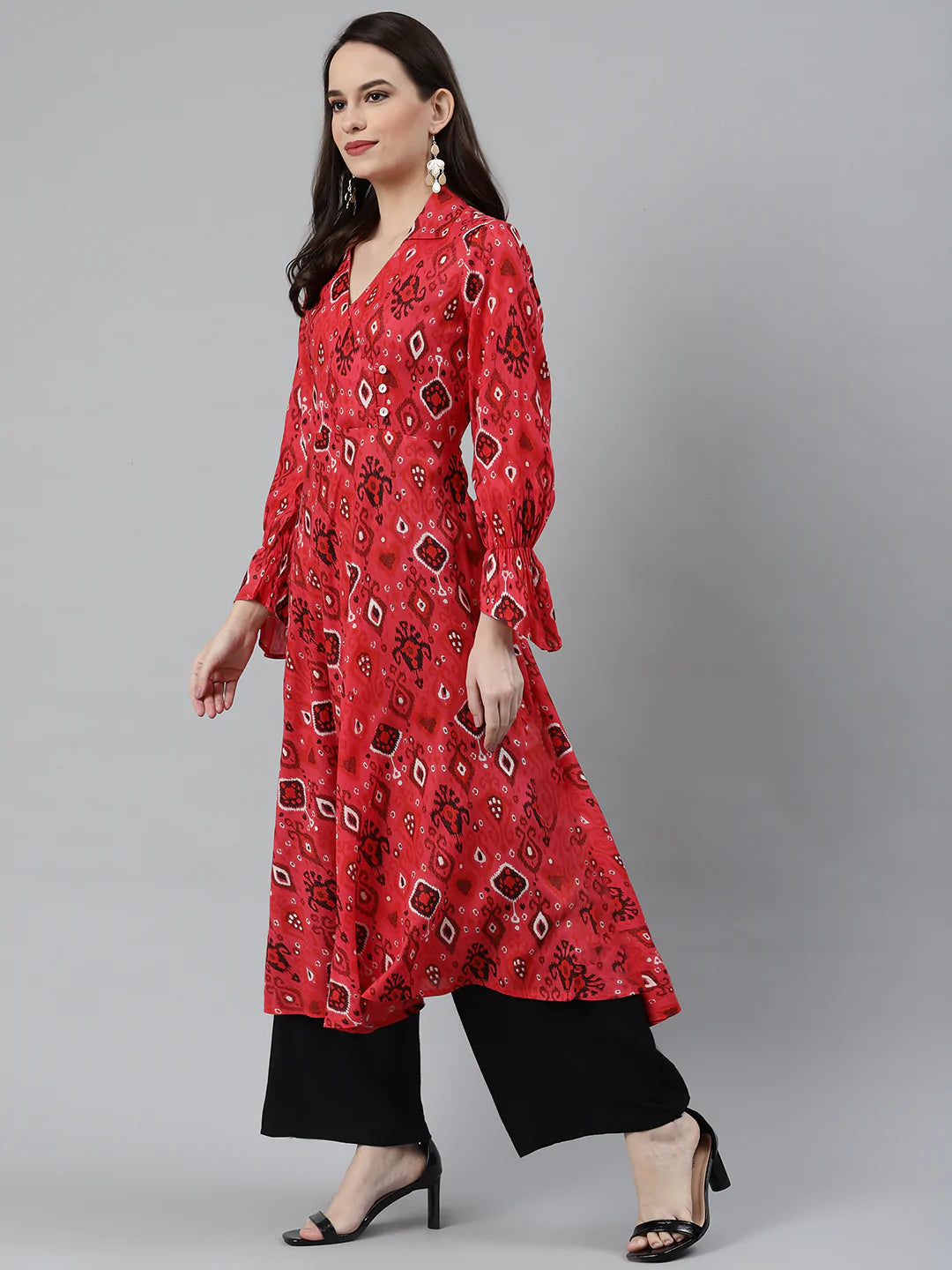 Jompers Women Coral Red & Black Ethnic Motifs Printed Angrakha Anarkali Kurta ( JOK 1374 Pink )