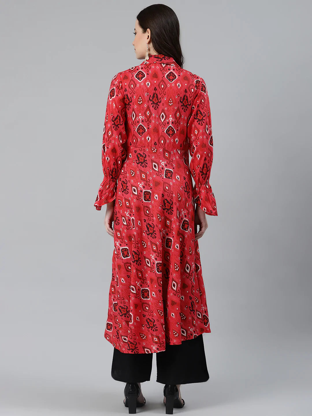 Jompers Women Coral Red & Black Ethnic Motifs Printed Angrakha Anarkali Kurta ( JOK 1374 Pink )