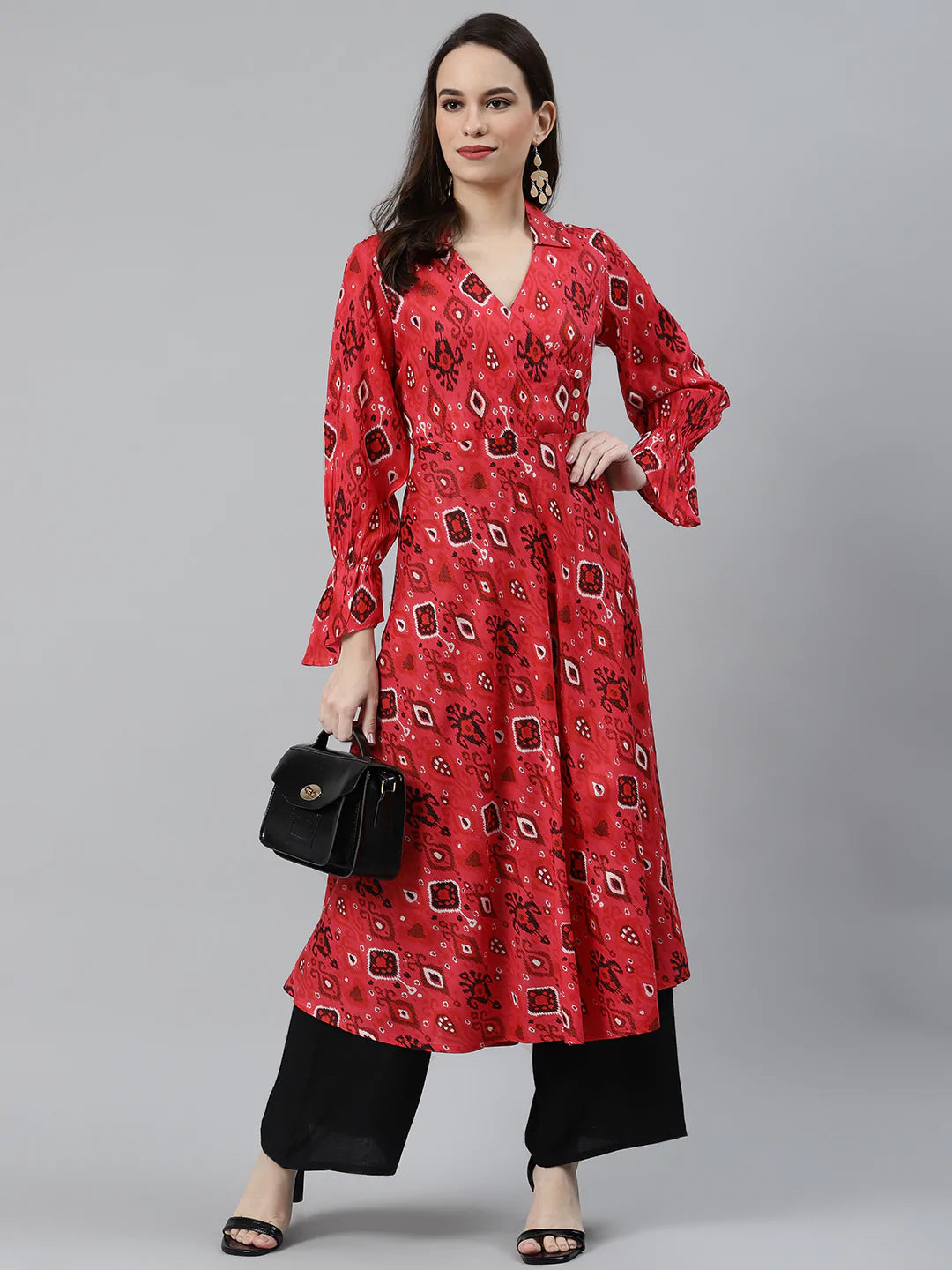 Jompers Women Coral Red & Black Ethnic Motifs Printed Angrakha Anarkali Kurta ( JOK 1374 Pink )