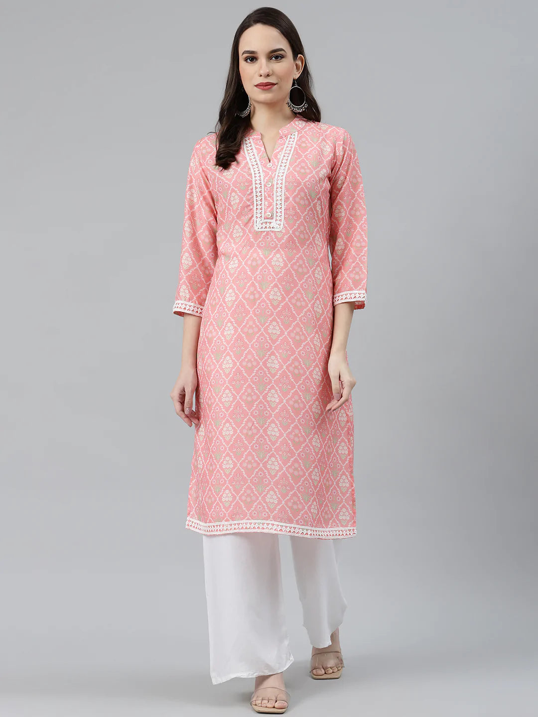 Jompers Women Pink & Off White Floral Printed Kurta ( JOK 1375 Pink )