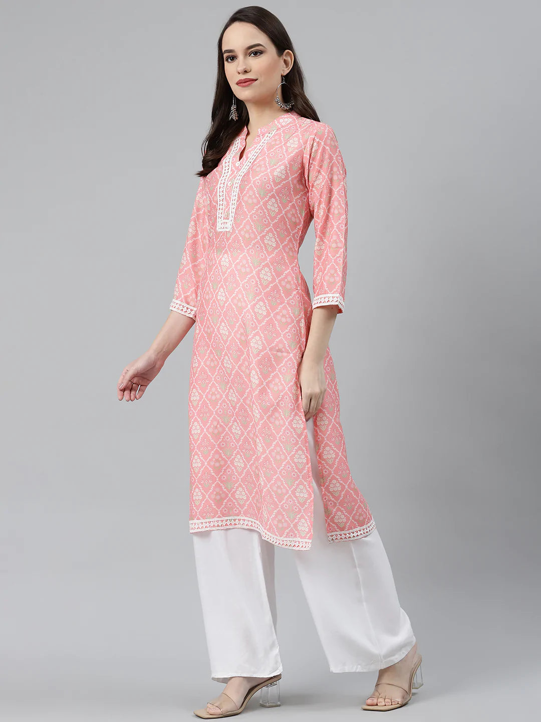 Jompers Women Pink & Off White Floral Printed Kurta ( JOK 1375 Pink )