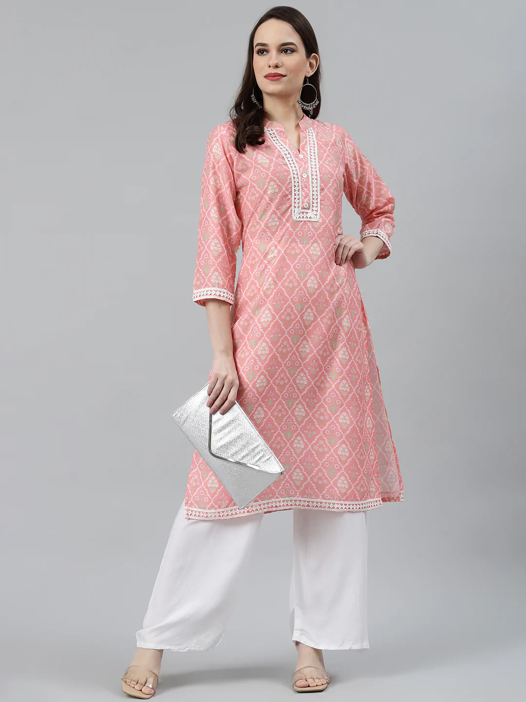 Jompers Women Pink & Off White Floral Printed Kurta ( JOK 1375 Pink )