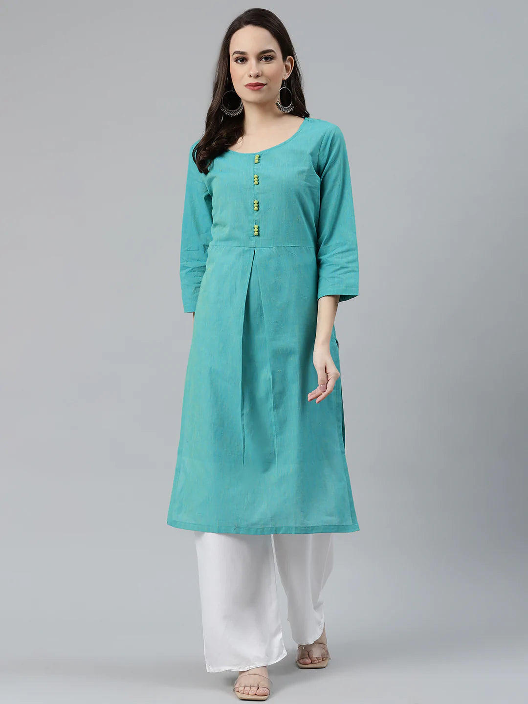 Jompers Women Blue Woven Design Pure Cotton Straight Pleated Kurta ( JOK 1376 Blue )