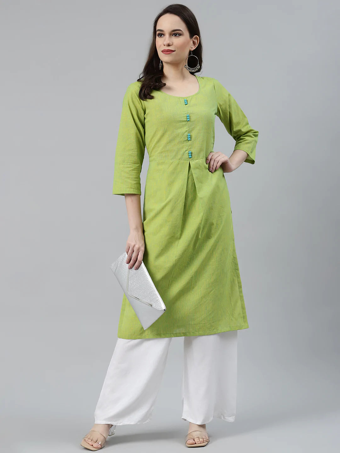 Jompers Women Green Woven Design Pure Cotton Straight Pleated Kurta ( JOK 1376 Green )