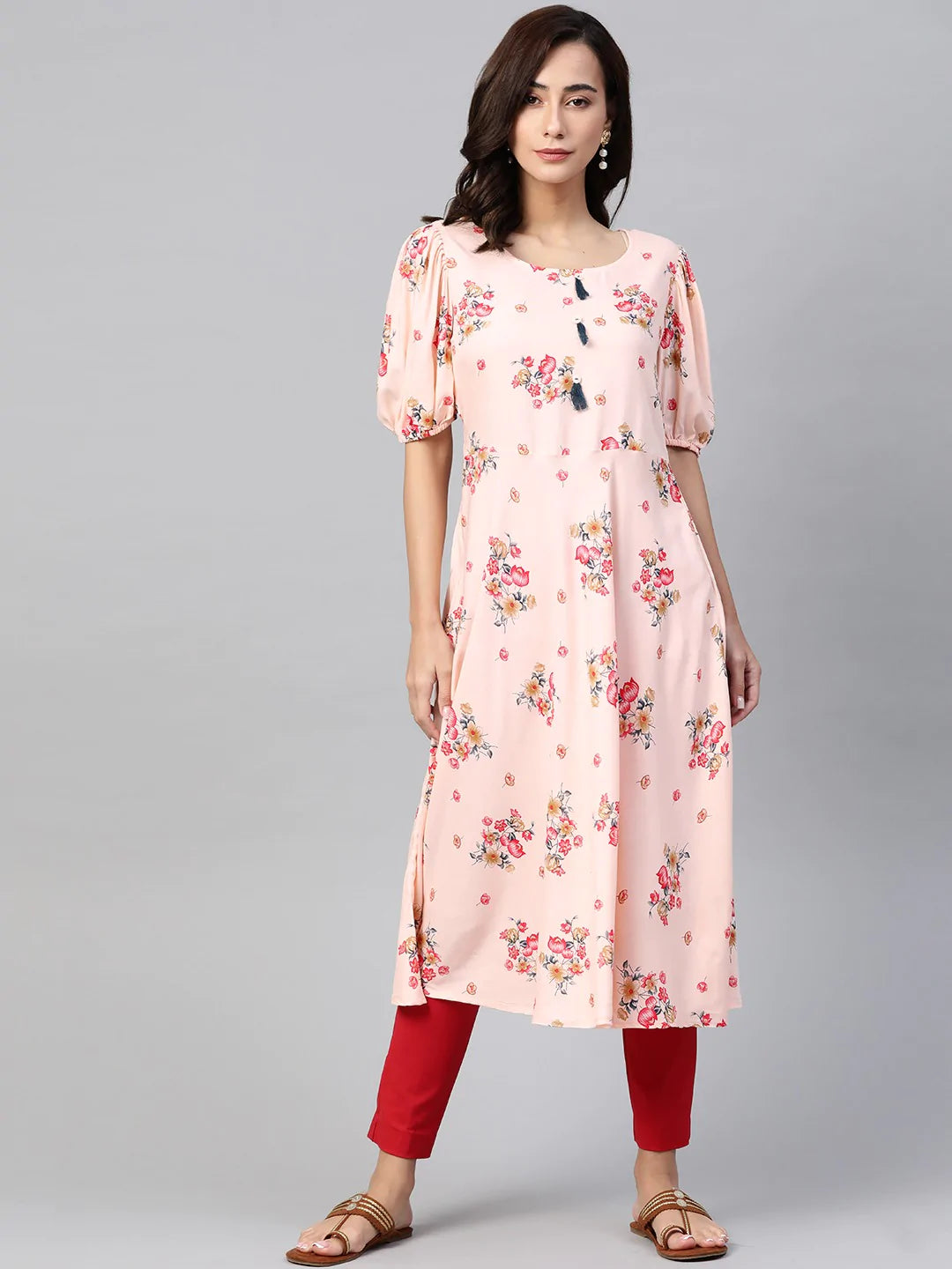 Jompers Women Pink & Red Floral Printed A-Line Kurta ( JOK 1378 Peach )