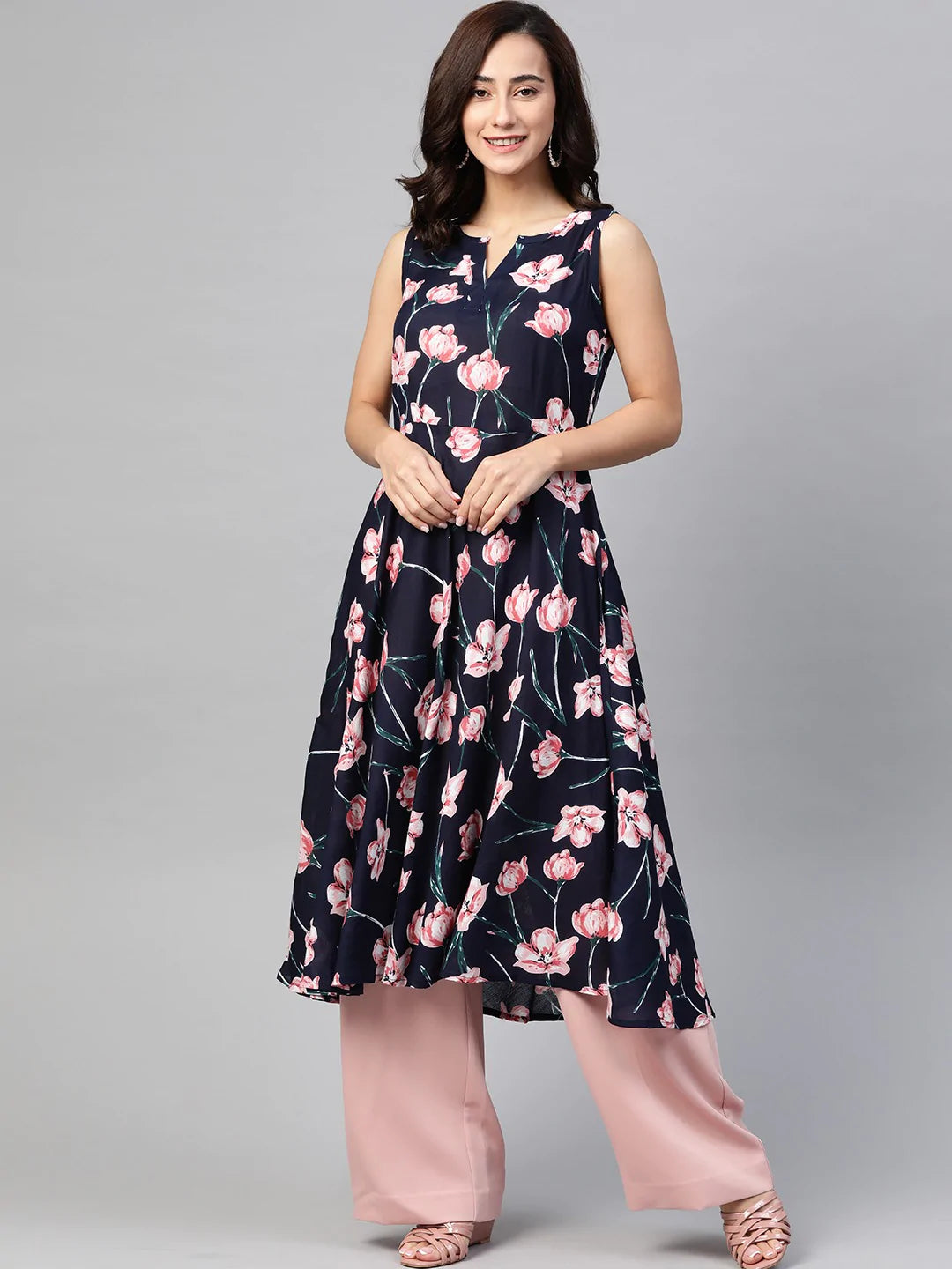 Jompers Women Navy Blue & Pink Floral Printed A-Line Kurta ( JOK 1380 Blue )