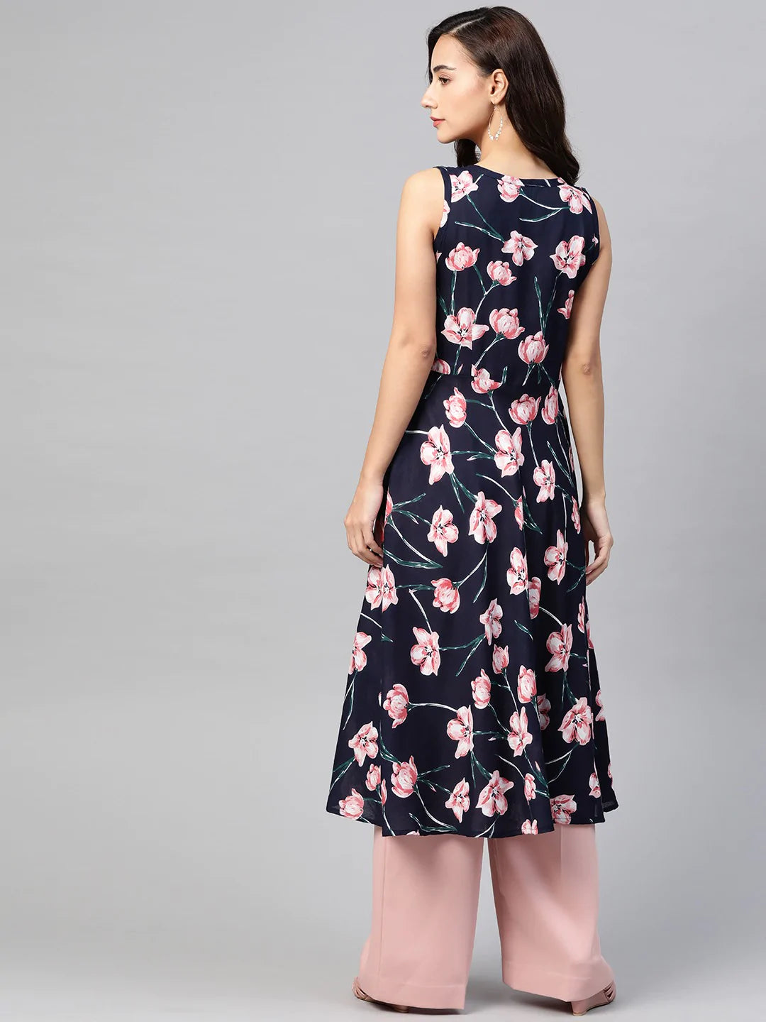 Jompers Women Navy Blue & Pink Floral Printed A-Line Kurta ( JOK 1380 Blue )