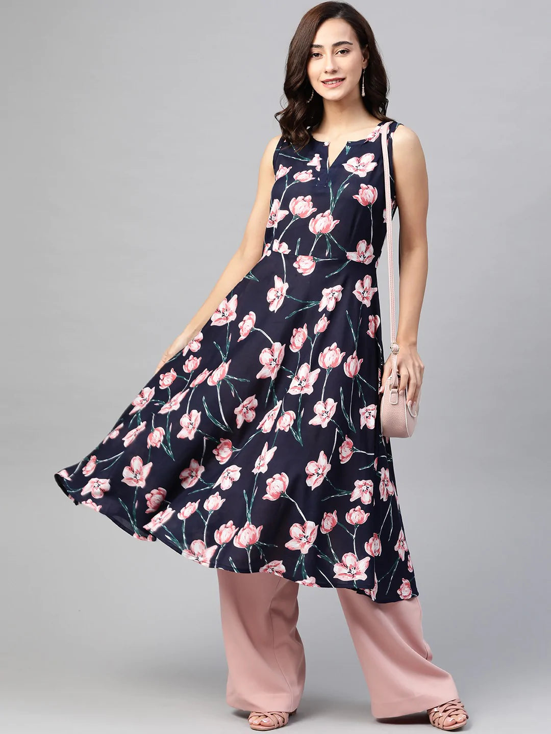 Jompers Women Navy Blue & Pink Floral Printed A-Line Kurta ( JOK 1380 Blue )