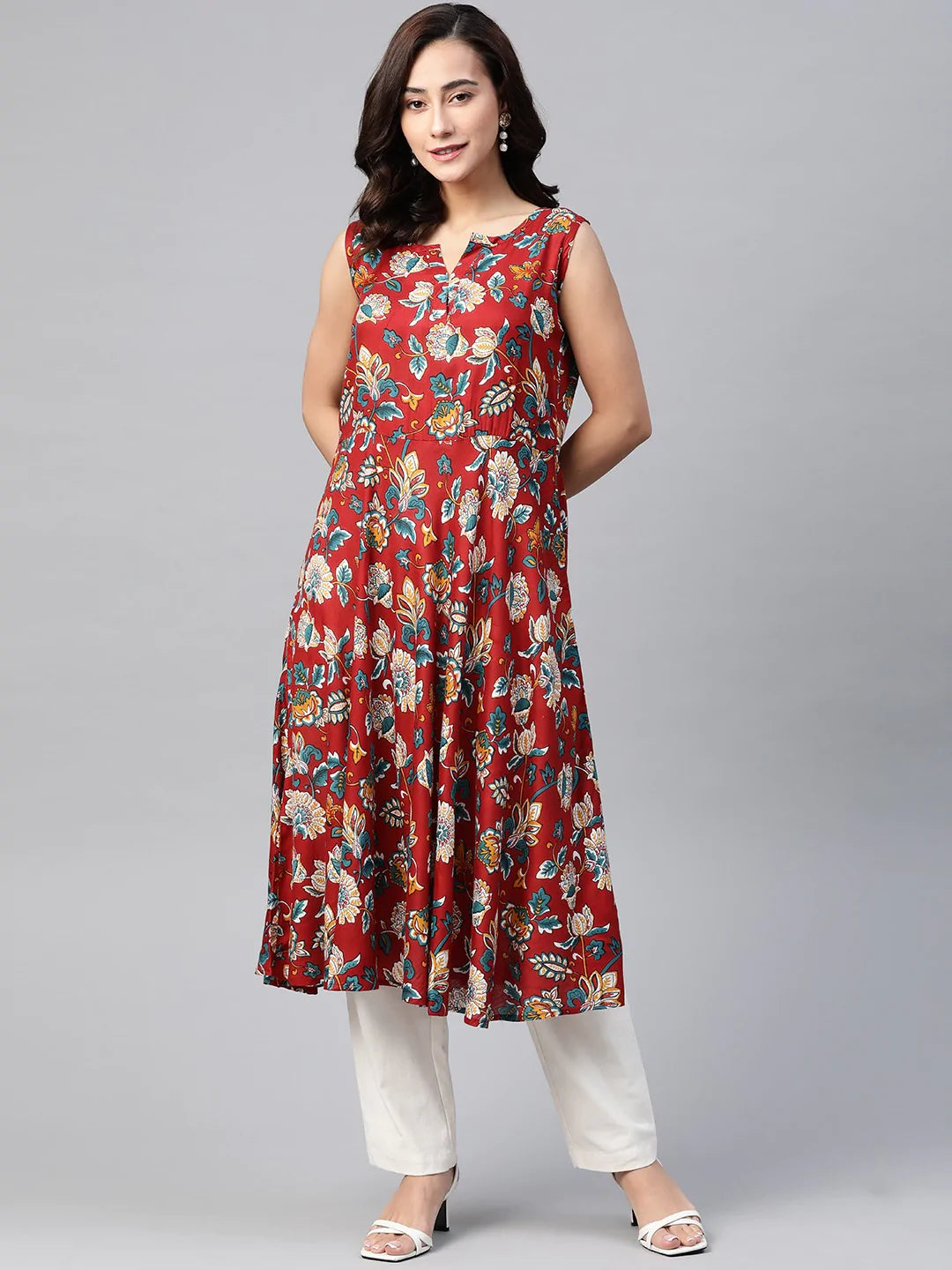Jompers Women Maroon & Blue Ethnic Motifs Printed Flaired Kurta ( JOK 1380 Maroon )
