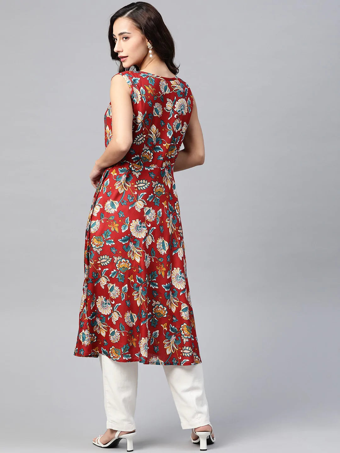 Jompers Women Maroon & Blue Ethnic Motifs Printed Flaired Kurta ( JOK 1380 Maroon )