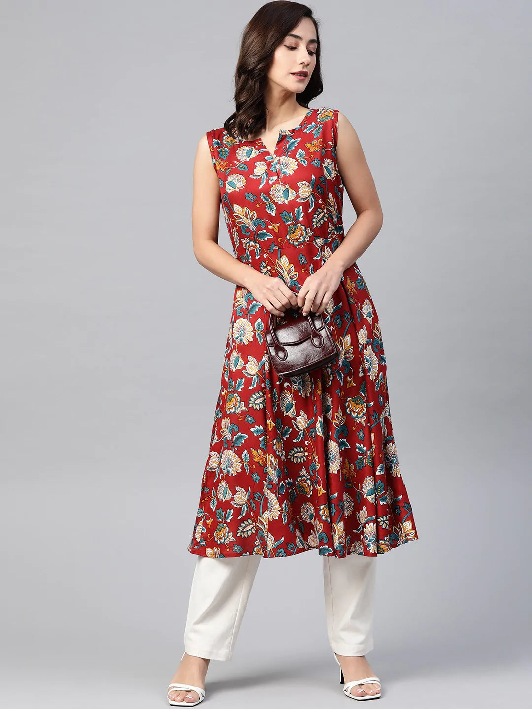 Jompers Women Maroon & Blue Ethnic Motifs Printed Flaired Kurta ( JOK 1380 Maroon )