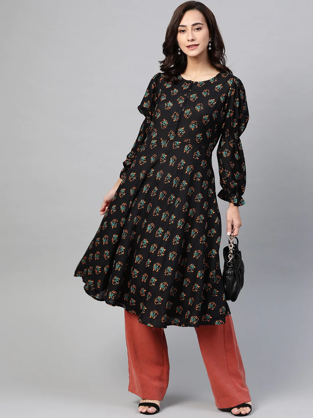 Jompers Women Black & Mustard Yellow Floral Printed A-Line Kurta ( JOK 1381 Black )