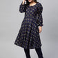 Jompers Women Navy & Mustard Yellow Floral Printed A-Line Kurta ( JOK 1381 Navy )