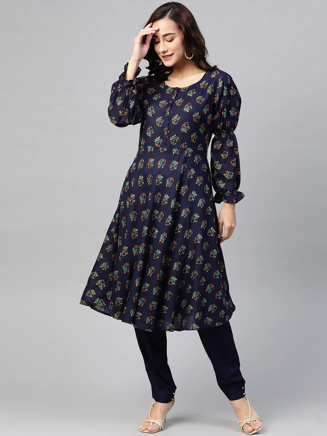Jompers Women Navy & Mustard Yellow Floral Printed A-Line Kurta ( JOK 1381 Navy )
