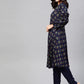Jompers Women Navy & Mustard Yellow Floral Printed A-Line Kurta ( JOK 1381 Navy )