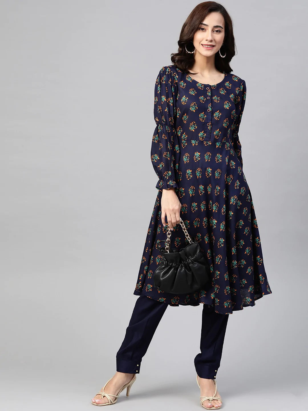 Jompers Women Navy & Mustard Yellow Floral Printed A-Line Kurta ( JOK 1381 Navy )