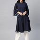Jompers Women Navy Blue & White Polka Dots Print Bell Sleeves Anarkali Kurta ( JOK 1382 Navy )