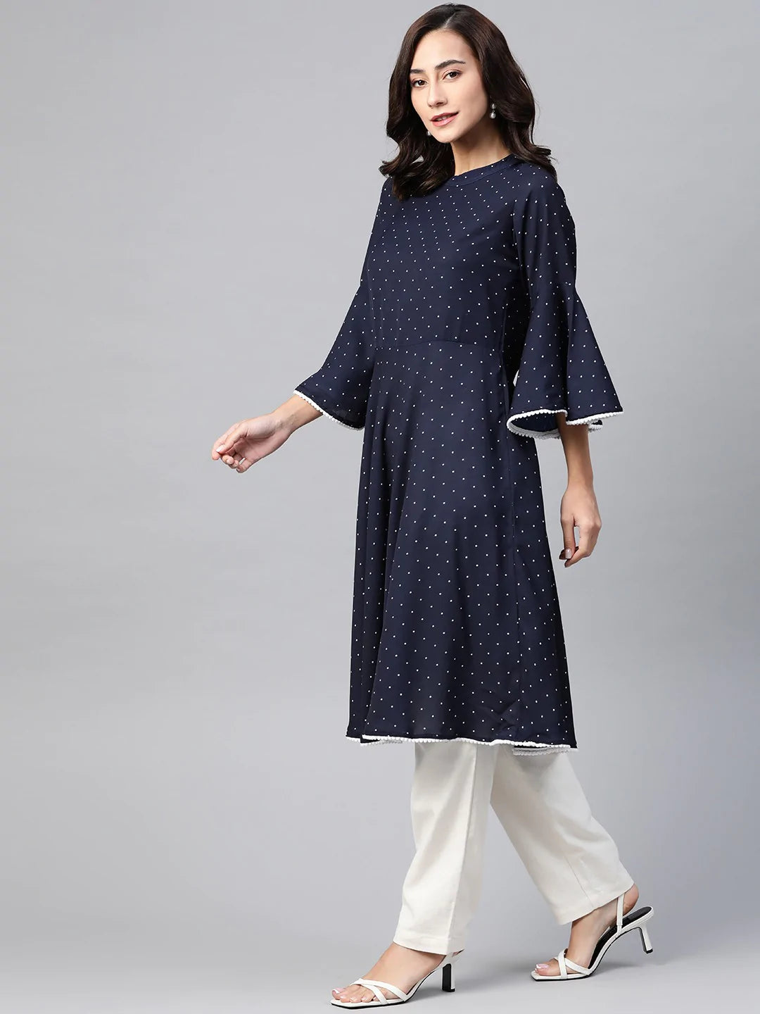 Jompers Women Navy Blue & White Polka Dots Print Bell Sleeves Anarkali Kurta ( JOK 1382 Navy )