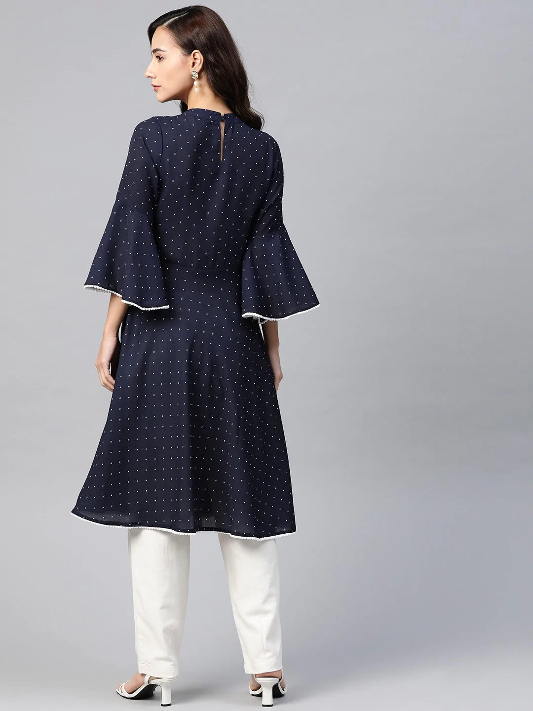 Jompers Women Navy Blue & White Polka Dots Print Bell Sleeves Anarkali Kurta ( JOK 1382 Navy )