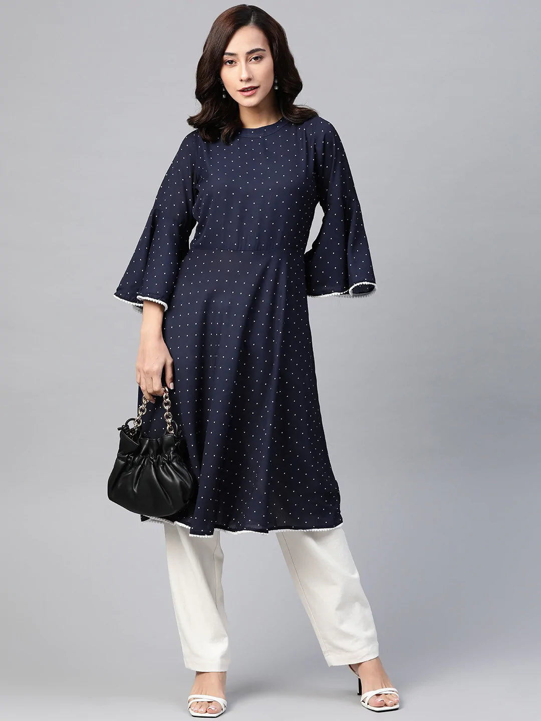 Jompers Women Navy Blue & White Polka Dots Print Bell Sleeves Anarkali Kurta ( JOK 1382 Navy )