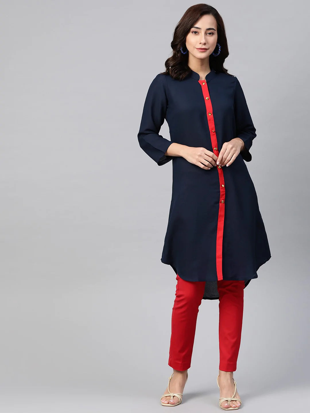 Jompers Women Navy Blue & Red Solid A-line Kurta ( JOK 1385 Navy )