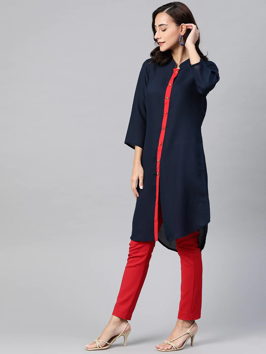 Jompers Women Navy Blue & Red Solid A-line Kurta ( JOK 1385 Navy )