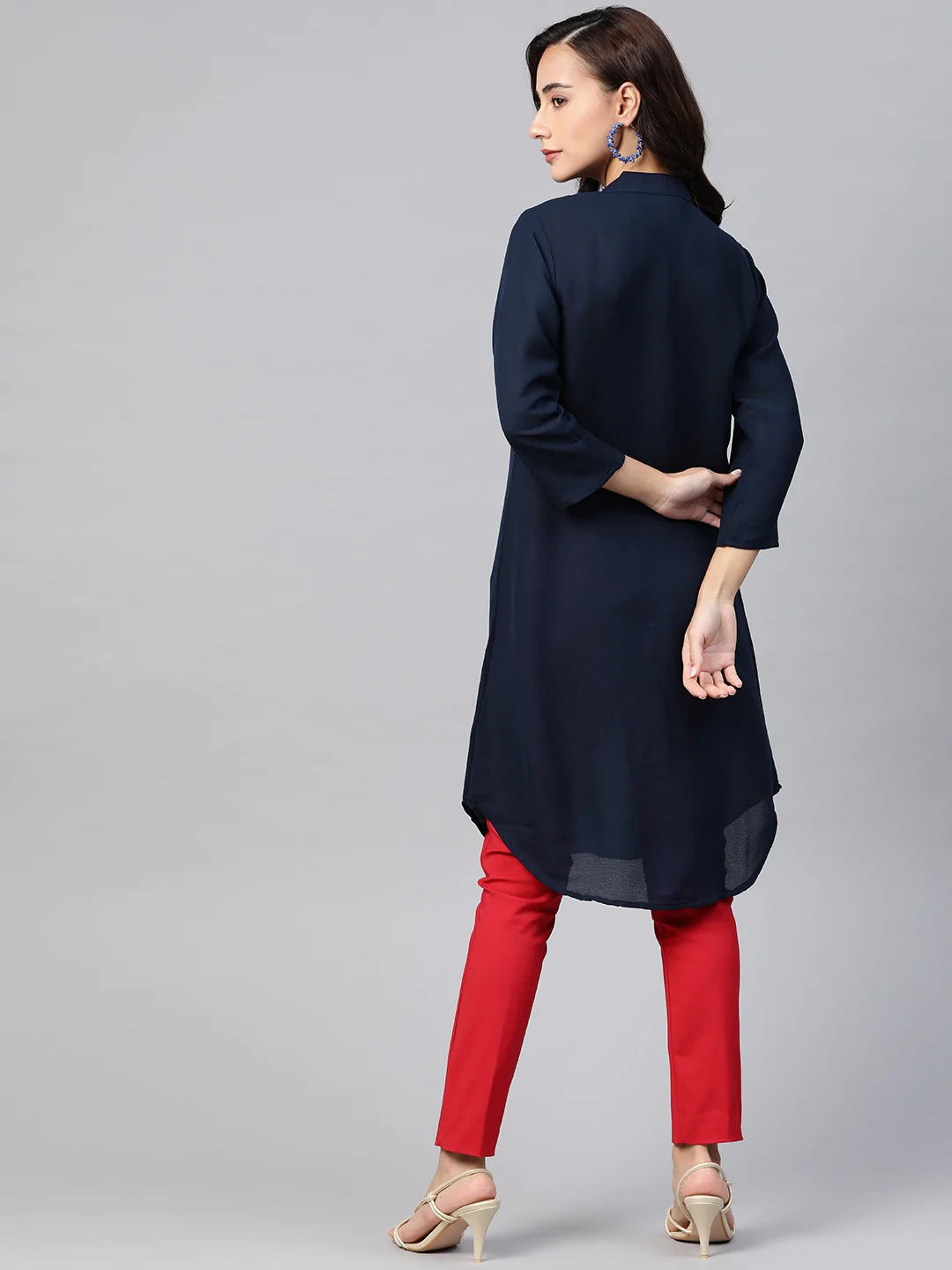 Jompers Women Navy Blue & Red Solid A-line Kurta ( JOK 1385 Navy )