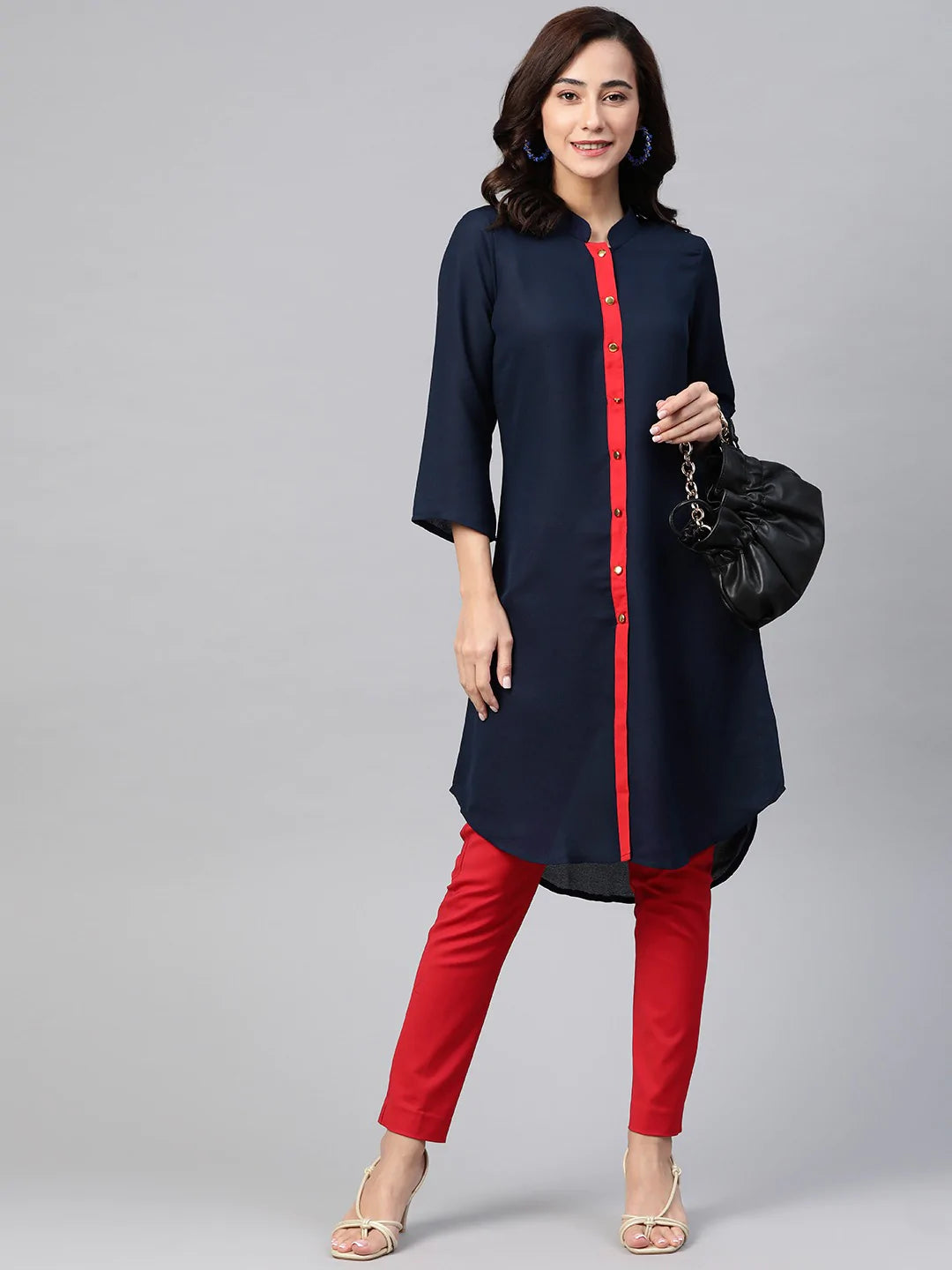 Jompers Women Navy Blue & Red Solid A-line Kurta ( JOK 1385 Navy )