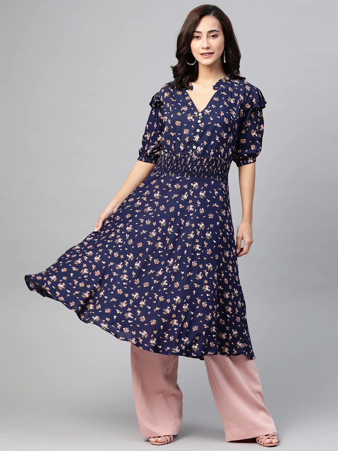 Jompers Women Navy Blue & Pink Floral Printed Floral Anarkali Kurta ( JOK 1386 Blue )