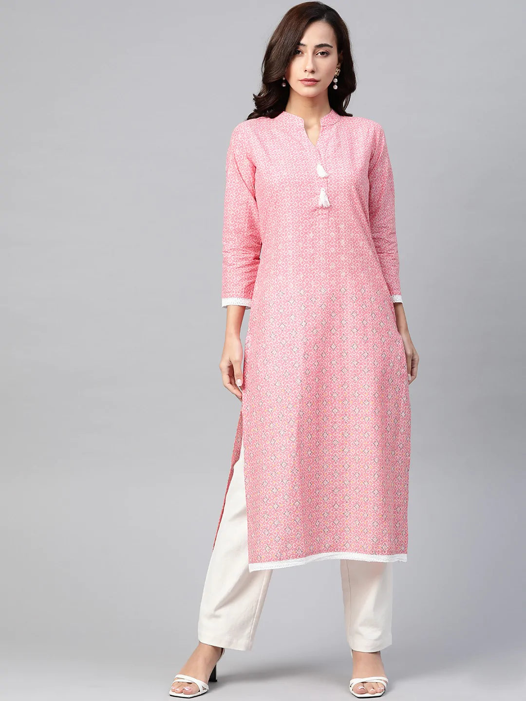 Jompers Women Pink & Off White Pure Cotton Ethnic Motifs Printed Kurta ( JOK 1389 Peach )