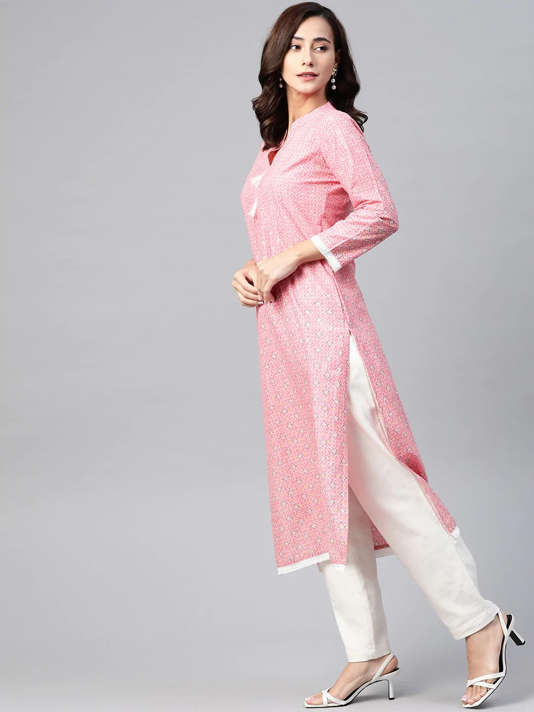 Jompers Women Pink & Off White Pure Cotton Ethnic Motifs Printed Kurta ( JOK 1389 Peach )