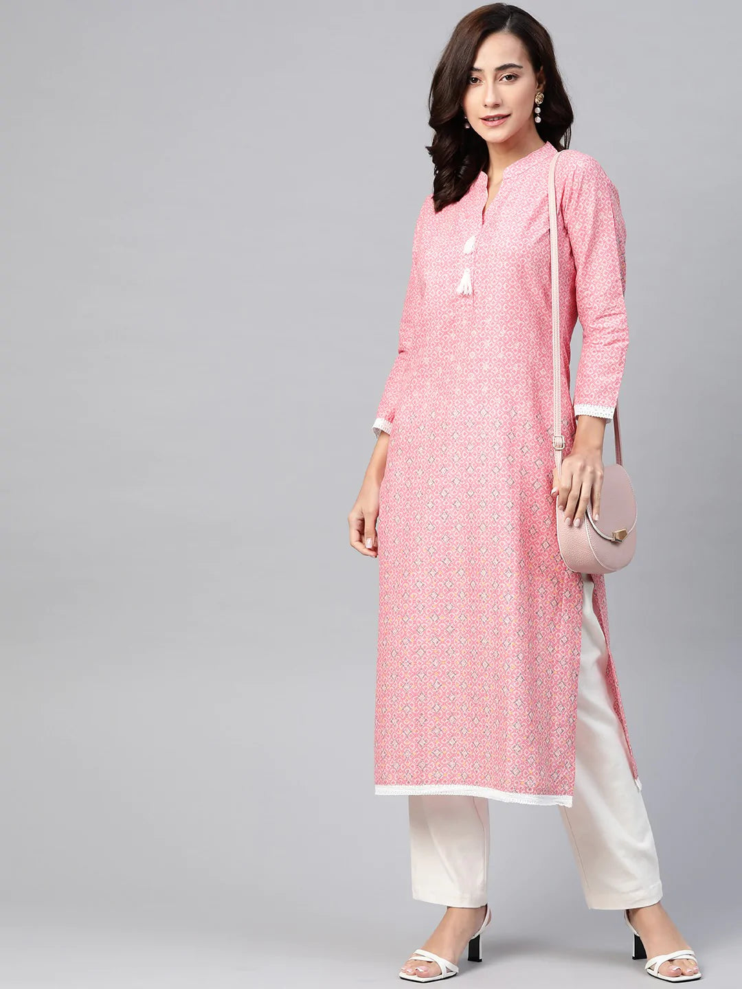 Jompers Women Pink & Off White Pure Cotton Ethnic Motifs Printed Kurta ( JOK 1389 Peach )