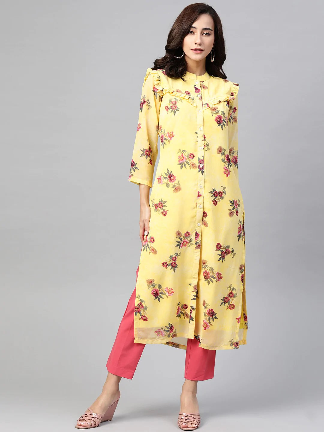 Jompers Women Yelloe & Pink Floral Printed Frills Bows and Ruffles Straight Kurta ( JOK 1390 Yellow )