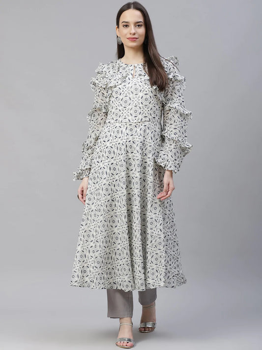 Women White Geometric Printed Anarkali Kurta with Frills ( JOK 1394 White )