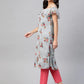 Jompers Women Grey & Pink Floral Printed Off-Shoulder Floral Kurta ( JOK 1397 Grey )