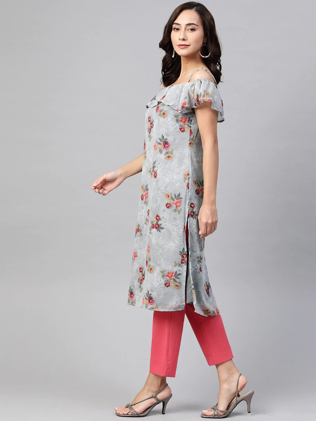 Jompers Women Grey & Pink Floral Printed Off-Shoulder Floral Kurta ( JOK 1397 Grey )