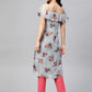 Jompers Women Grey & Pink Floral Printed Off-Shoulder Floral Kurta ( JOK 1397 Grey )