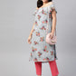 Jompers Women Grey & Pink Floral Printed Off-Shoulder Floral Kurta ( JOK 1397 Grey )