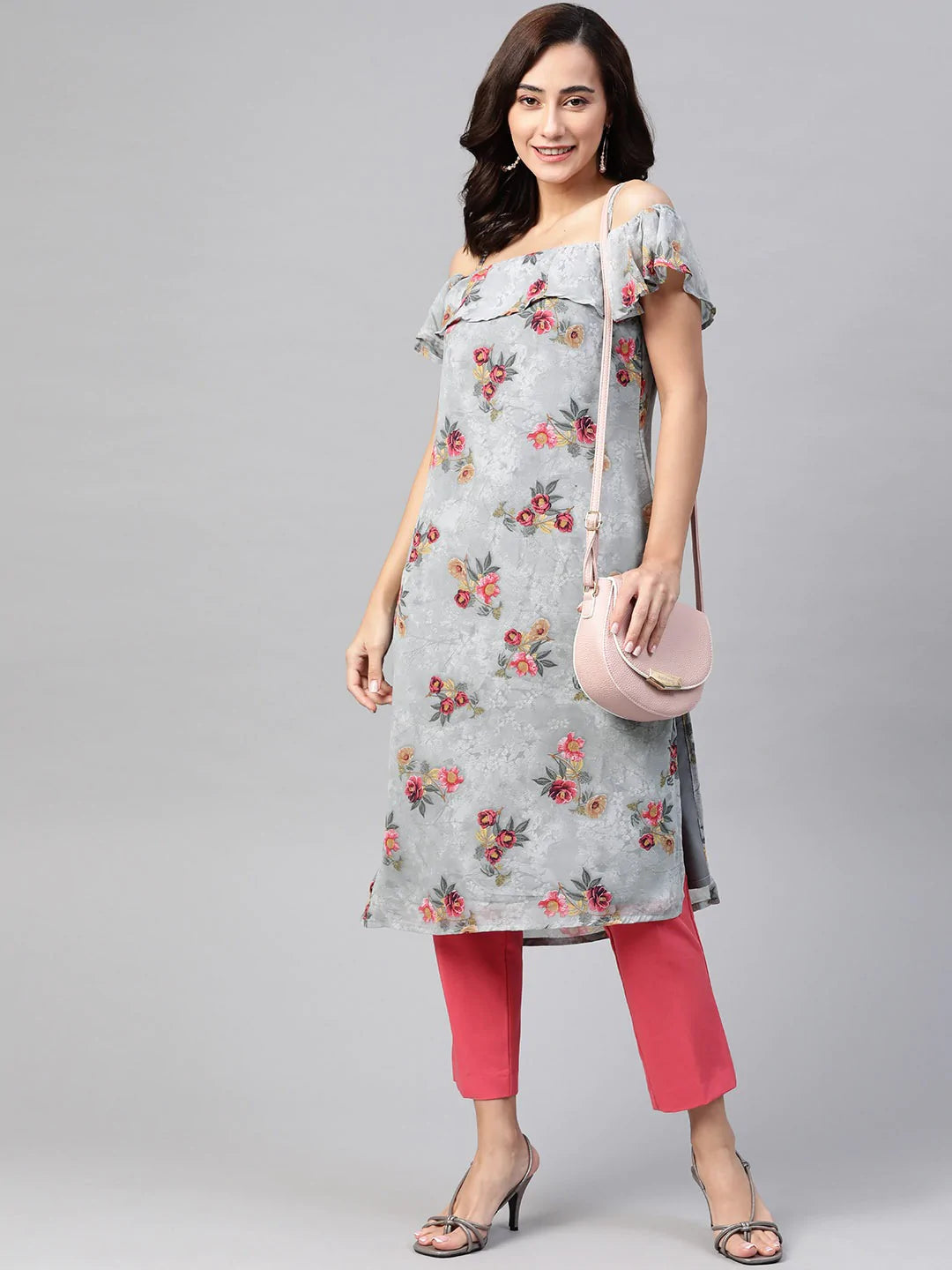 Jompers Women Grey & Pink Floral Printed Off-Shoulder Floral Kurta ( JOK 1397 Grey )