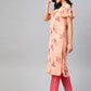 Jompers Women Peach-Coloured & Grey Floral Print Off-Shoulder Straight Kurta ( JOK 1397 Orange )