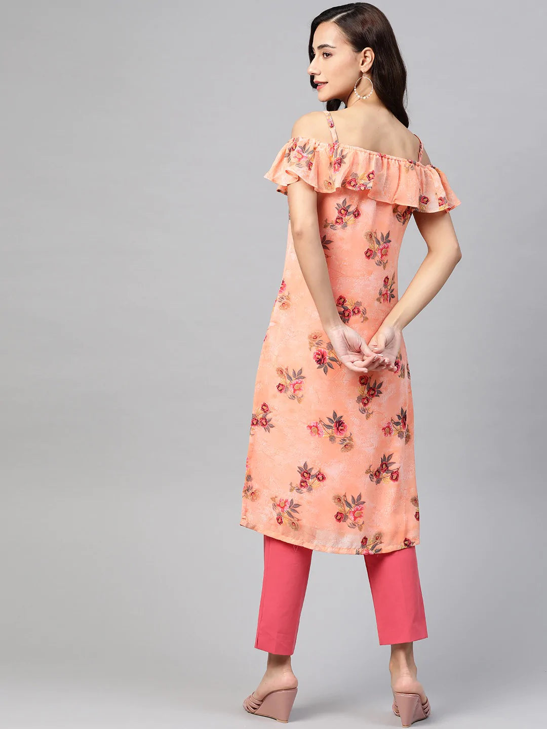 Jompers Women Peach-Coloured & Grey Floral Print Off-Shoulder Straight Kurta ( JOK 1397 Orange )