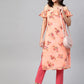 Jompers Women Peach-Coloured & Grey Floral Print Off-Shoulder Straight Kurta ( JOK 1397 Orange )
