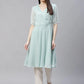 Women Turquoise Blue Woven Design Flared Kurta ( JOK 1403 Blue )