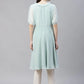 Women Turquoise Blue Woven Design Flared Kurta ( JOK 1403 Blue )