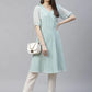 Women Turquoise Blue Woven Design Flared Kurta ( JOK 1403 Blue )