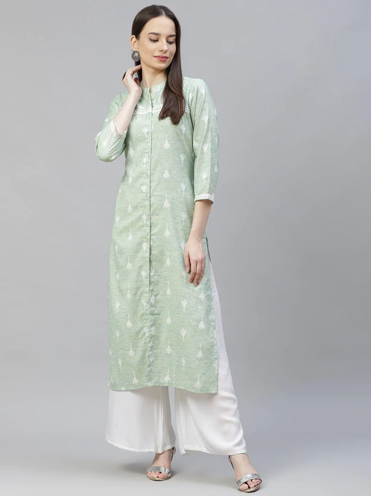 Women Green Ethnic Motifs Ikat Kurta with lace work ( JOK 1404 Green )