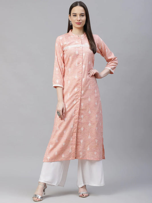 Women Pink Ethnic Motifs Ikat Kurta with lace work ( JOK 1404 Pink )