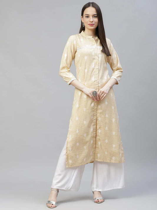 Women Yellow Ethnic Motifs Ikat Kurta with lace work ( JOK 1404 Yellow )